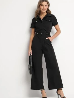 Czarny Kombinezon na Krótki Rękaw z Kołnierzykiem i Szeroką Nogawką Jenanisela j&x