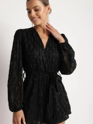 Czarny Kombinezon o Kopertowym Kroju Zdobiony Błyszczącą Nitką i Wiązany w Pasie Venvina retro & icone