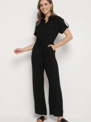 Czarny Kombinezon o Koszulowym Kroju z Krótkim Rękawem i Wiązaniem w Talii Mareriela h&s