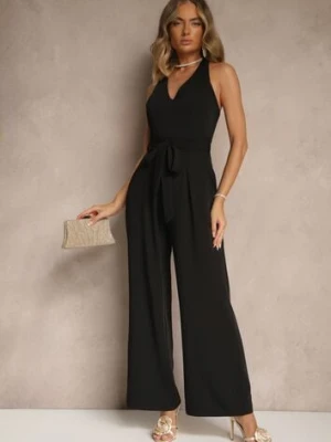 Czarny Kombinezon o Taliowanym Kroju z Dekoltem Halter i Wiązanym Paskiem Malisena lovery