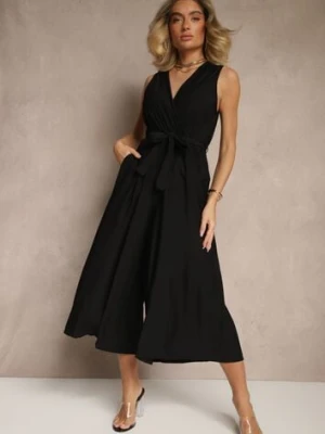 Czarny Kombinezon Taliowany z Wiskozą Ozdobiona Paskiem Evintria h&s