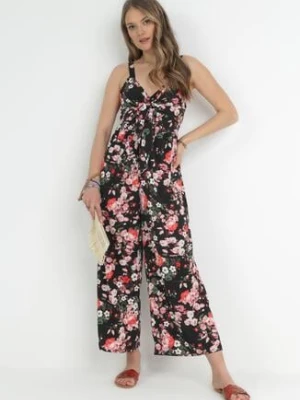 Czarny Kombinezon w Kwiaty z Ozdobnym Wiązaniem Freewild rosa