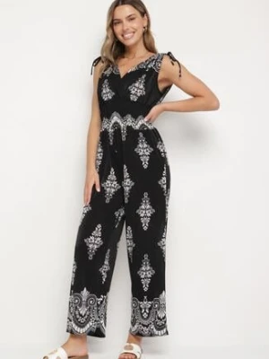 Czarny Kombinezon w Orientalny Wzór z Dekoltem w Serek Izena j&x