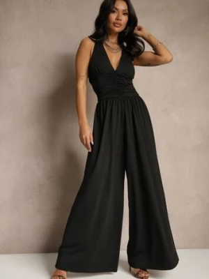 Czarny Kombinezon Wiązany na Szyi z Szerokimi Nogawkami Gelzedi By Swan