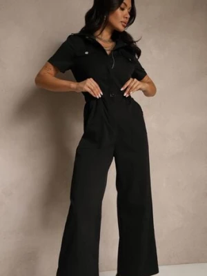 Czarny Kombinezon Wide Leg z Kołnierzykiem Suwakiem i Krótkim Rękawem Jenaralitia j&x