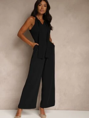 Czarny Kombinezon Wide Leg z Ozdobnym Wiązaniem przy Szyi Silelia lovery