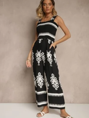 Czarny Kombinezon Wide Leg z Wiskozy na Ramiączkach Zdobiony Etnicznym Wzorem Melriti j&x