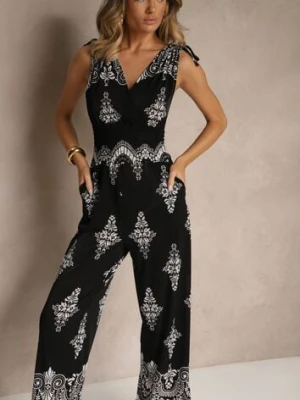 Czarny Kombinezon z Dekoltem w Kształcie Litery V Zdobiony Etnicznym Printem Izlina j&x