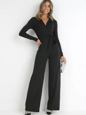 Czarny Kombinezon z Kopertowym Dekoltem Cizine by swan