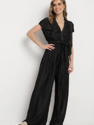 Czarny Kombinezon z Kopertowym Dekoltem i Gumką w Pasie z Szerokimi Nogawkami i Paskiem Gliceri lovery