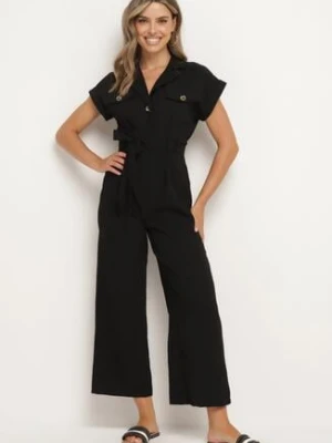 Czarny Kombinezon z Krótkim Rękawem i Szerokimi Nogawkami z Materiałowym Paskiem Floeria unigirl