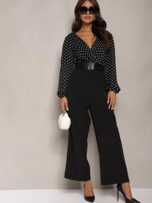 Czarny Kombinezon z Szeroką Nogawką i Kopertowym Dekoltem Dodatkowo Pasek Klerda rosa