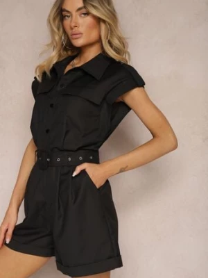 Czarny Kombinezon Zapinany na Guziki z Krótkim Rękawem i Materiałowym Paskiem Tiamante bisou's project