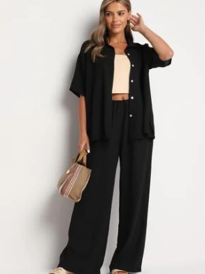 Czarny Komplet 2-Częściowy Koszula o Luźnym Kroju Szerokie Spodnie z Gumką w Talii Vimitha
