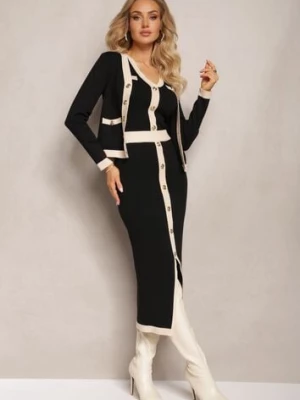 Czarny Komplet 3-Częściowy Bluzka Kardigan oraz Spódnica Ozdobione Napami Jespella
