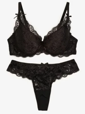 Czarny Komplet Bielizny z Koronką i Kokardkami Biustonosz i Stringi Nasorinne