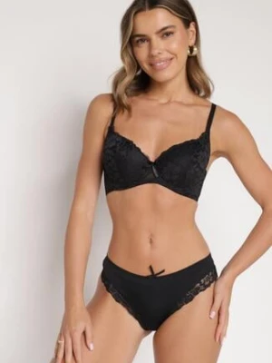 Czarny Komplet Biustonosz i Majtki Typu Figi Ozdobiony Koronką Ezivane
