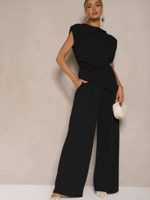 Czarny Komplet Bluzka z Poduszkami w Ramionach i Proste Spodnie z Gumką w Pasie Divanes allyson