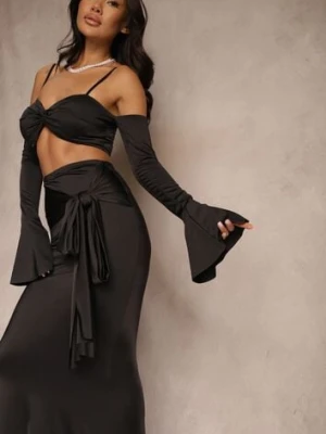 Czarny Komplet Dopasowana Spódnica z Trenem i Top z Rękawami z Falbanką Adivaria allyson