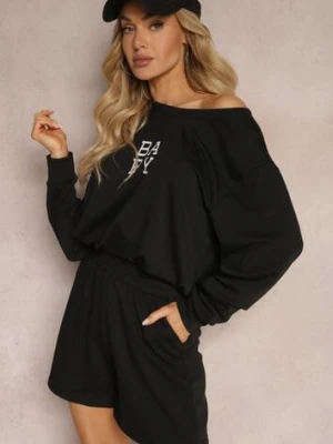 Czarny Komplet Dresowy 2-Częściowy Bluza Krótsza i Luźne Spodenki Szorty Frania defox