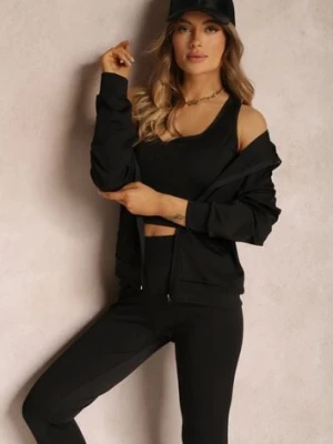 Czarny Komplet Dresowy 3-częściowy z Legginsami Bluzą i Topem Heri