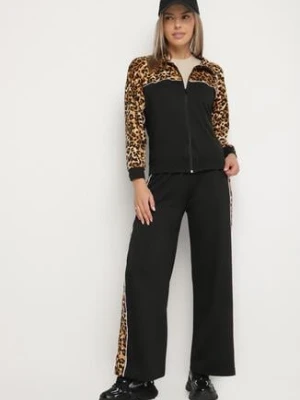Czarny Komplet Dresowy Bluza ze Stójką i Szerokie Spodnie w Panterkę Savorre defox