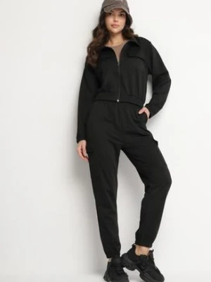 Czarny Komplet Dresowy Cargo Bluza i Spodnie z Kieszeniami Kormilla defox