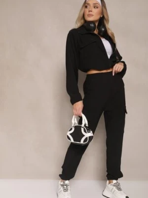 Czarny Komplet Dresowy Spodnie Cargo i Rozpinana Bluza Isovisa defox