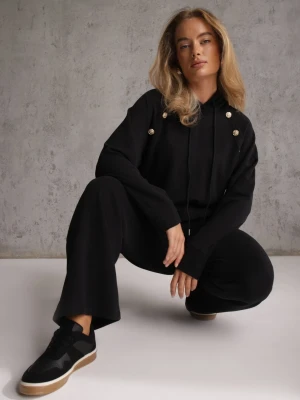 Czarny Komplet Dresowy Spodnie Wide Leg i Bluza z Kapturem i Aplikacjami Nailena Swest
