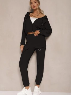 Czarny Komplet Dresowy Utility Bluza Rozpinana i Spodnie z Kieszeniami Telinoria defox