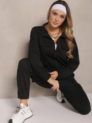 Czarny Komplet Dresowy w Stylu Cargo Bluza i Spodnie Korirana defox