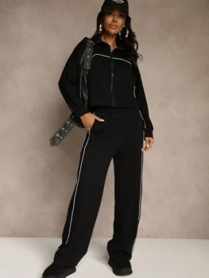 Czarny Komplet Dresowy w Stylu Retro Spodnie Wide Leg i Bluza ze Stójką Sewelia