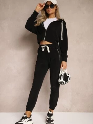 Czarny Komplet Dresowy z Dodatkiem Bawełny Spodnie z Gumką w Talii Bluza z Kapturem Sesaria