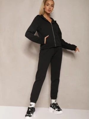 Czarny Komplet Dresowy z Domieszką Bawełny Pikowana Bluza z Kapturem i Joggery Evathira