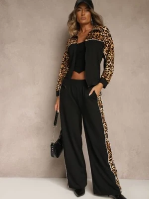 Czarny Komplet Dresowy z Panterkowymi Wstawkami Bluza i Spodnie Wide Leg Redrie defox