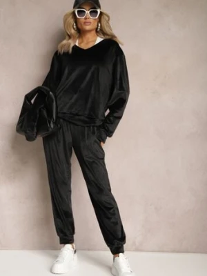 Czarny Komplet Dresowy z Weluru Luźna Bluza z Dekoltem w V i Elastyczne Spodnie z Kieszeniami Esparkia
