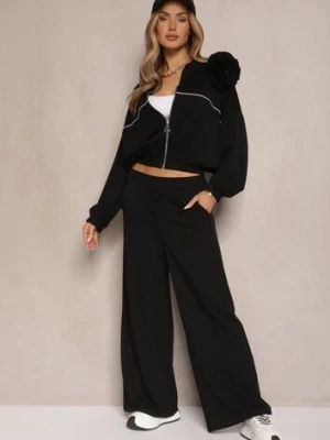 Czarny Komplet Dresowy z Wiskozą Spodnie o Szerokim Kroju i Bluza z Broszką Redaella pretty