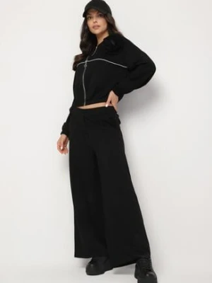 Czarny Komplet Dresowy z Wiskozą Szerokie Spodnie i Bluza ze Stójką i Broszką Redasena pretty