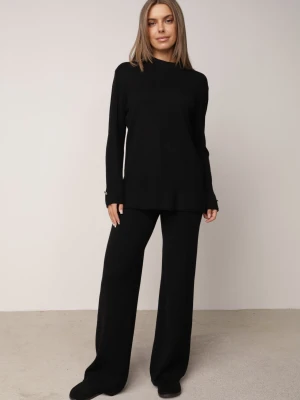 Czarny Komplet Dzianinowy Sweter z Kwiatowym Detalem i Proste Spodnie z Wiskozą Piovere M&d Fashion
