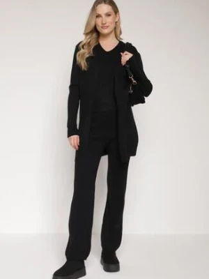 Czarny Komplet Dzianinowy z Bawełną Spodnie Kamizelka i Długi Kardigan Meviravia