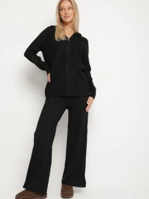 Czarny Komplet Dzianinowy z Wełną Bluza z Kapturem i Szerokie Spodnie Otisela j&x