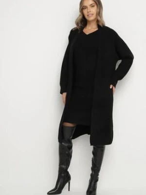 Czarny Komplet Dzianinowy z Wełną Długi Kardigan i Sukienka w Prążki Falandrea j&x