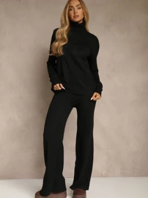 Czarny Komplet Dzianinowy z Wełną i Bawełną Szerokie Spodnie i Golf Lennria