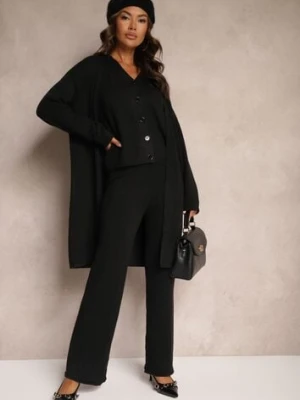 Czarny Komplet Dzianinowy z Wełną Spodnie Długi Kardigan i Top na Guziki Dailith