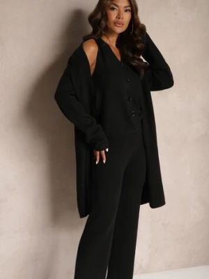 Czarny Komplet Dzianinowy z Wełną Spodnie Długi Kardigan i Top na Guziki Dailith