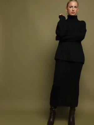 Czarny Komplet Dzianinowy z Wełną Sweter z Golfem i Ołówkowa Spódnica Falovira j&x