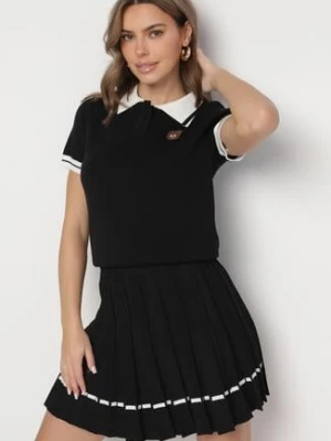 Czarny Komplet Dzianinowy z Wiskozą Koszulka Polo i Plisowana Spódnica Nelreis