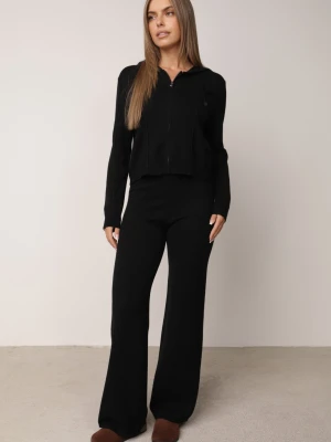 Czarny Komplet Dzianinowy z Wiskozą Proste Spodnie i Bluza na Suwak z Kapturem Alverna M&d Fashion