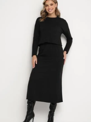Czarny Komplet Dzianinowy z Wiskozą Spódnica z Gumką w Talii i Rozcięciem oraz Bluzka Ilika