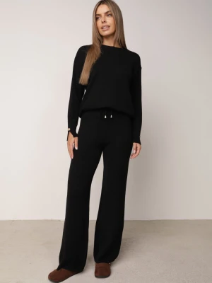 Czarny Komplet Dzianinowy z Wiskozą Spodnie i Sweter z Detalem przy Mankietach Vivolo M&d Fashion